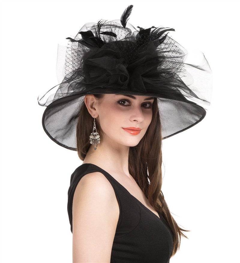 SAFERIN Womens Church Dress Wedding Veil Floral Tea Party Hat Black Feather Mesh Flower Free Size - Image 1